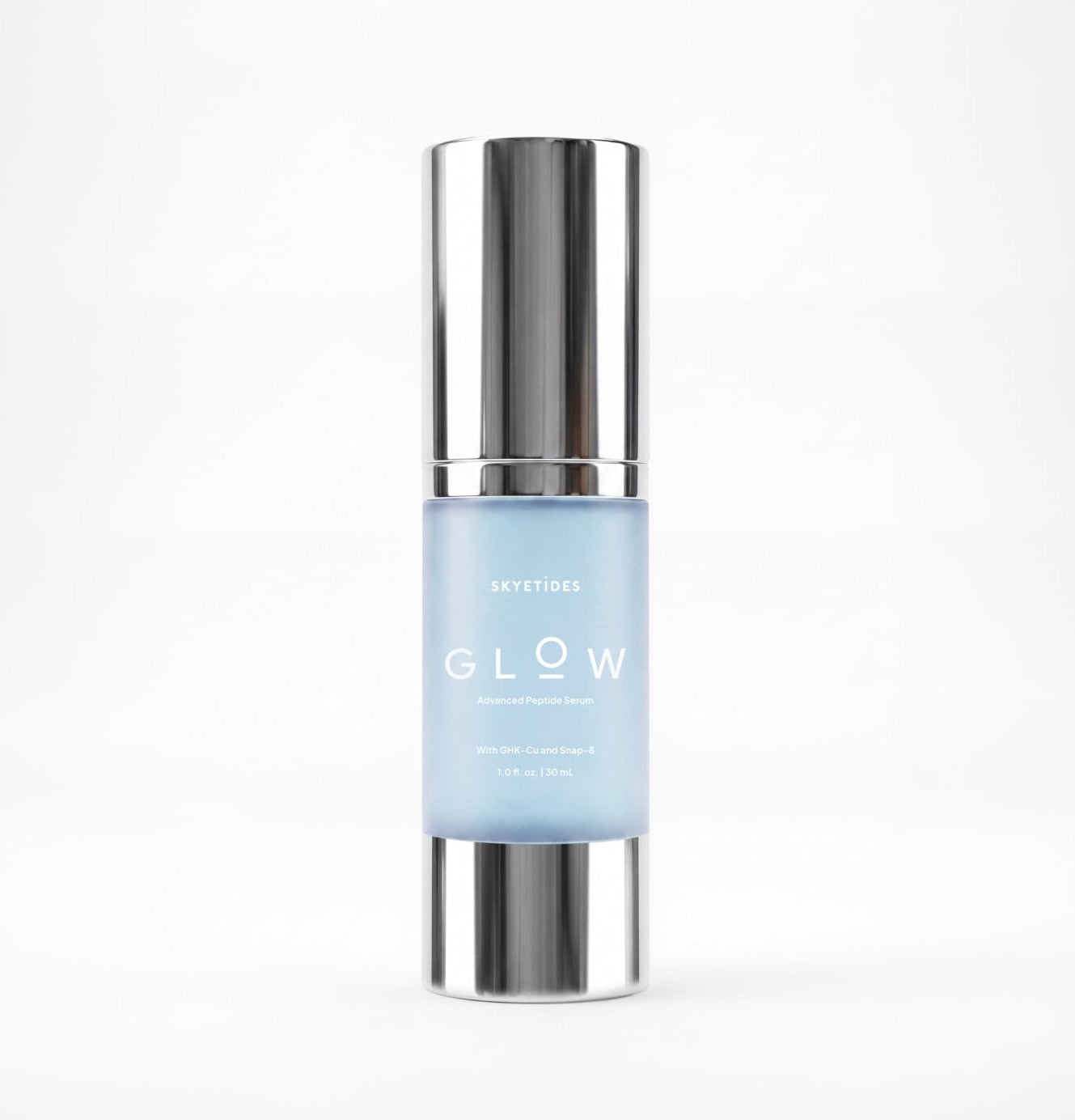 GLOW Advanced Peptide Serum bottle with blue liquid